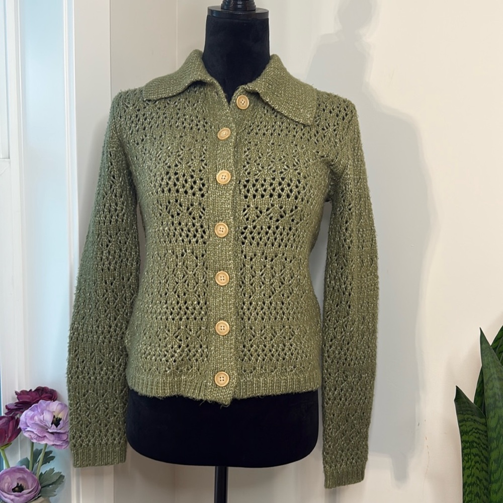 Joie Open Knit Cardigan Sweater Collar Button Down Cozy Soft Women’s Green XS